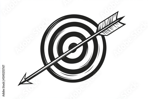 Arrow hitting the bullseye target in black and white