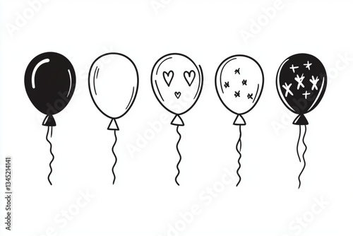 Collection of Five Balloons with Distinct Black and White Patterns -