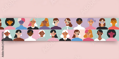 Diverse group of women with varied hairstyles and complexions, showcasing unity and inclusivity.
