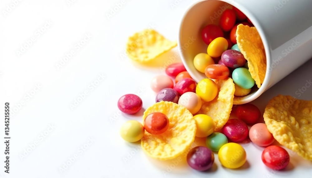 Pile of colorful candy, chips, and soda on white background, snack, isolated, treat Pile of colorful candy, chips, and soda on white background, snack, isolated, treat