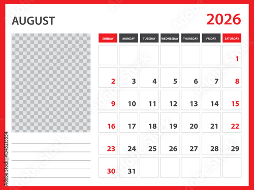 2026 year calendar vector design, August 2026 year, Desk calendar 2026, Week Starts on Sunday, Wall calendar design, poster,  planner design, stationery, printing media, red background concept