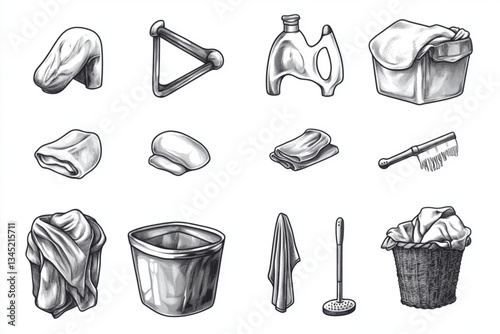 Various household items in a sketched grayscale style