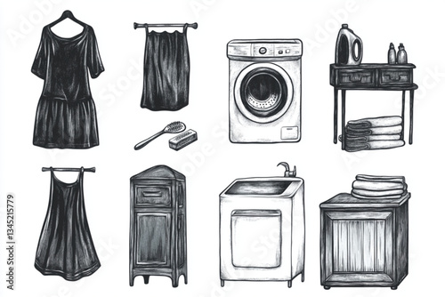 Sketch of laundry room elements and cleaning supplies