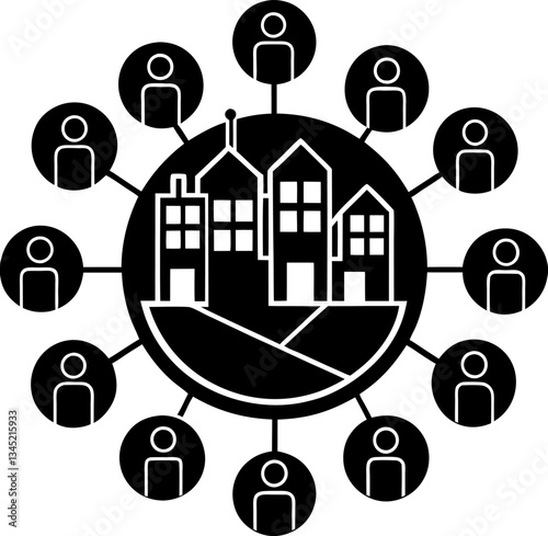 Community Network Icon, People Connected to City Buildings, Social Connections, Neighbors, Local Community, Urban Life, Black and White