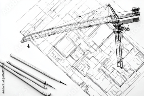 Architectural blueprint with crane and drafting pencils