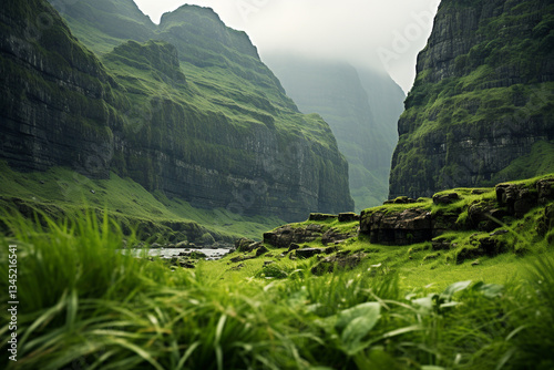 harmonious interplay of dainty blades of grass set against formidable backdrop of jagged cliffs, evoking a tapestry of verdant splendor, treacherous topography, and indomitable spirit of existence ami
