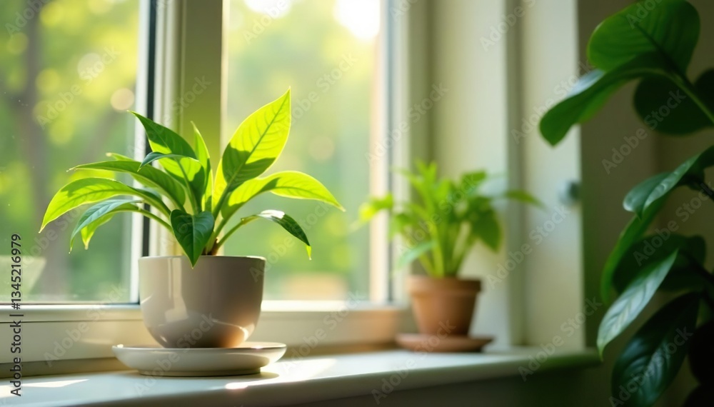 Close-up view of a single houseplant on a windowsill, sunlight streaming in, room, leaves Close-up view of a single houseplant on a windowsill, sunlight streaming in, room, leaves