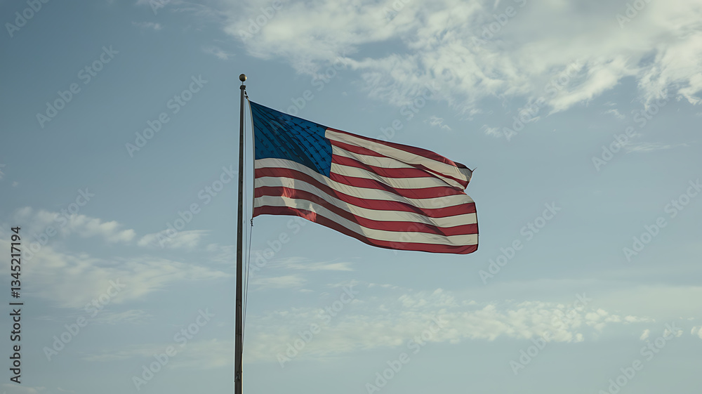 American flag waving in a light breeze against a partly cloudy sky American flag waving in a light breeze against a partly cloudy sky