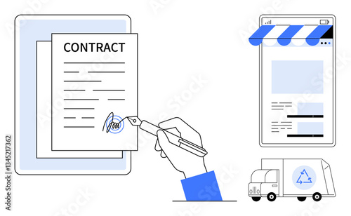 Hand signing contract with pen, mobile storefront interface, and delivery truck. Ideal for business, commerce, e-signatures, logistics, partnerships, e-commerce trends legal agreements flat simple