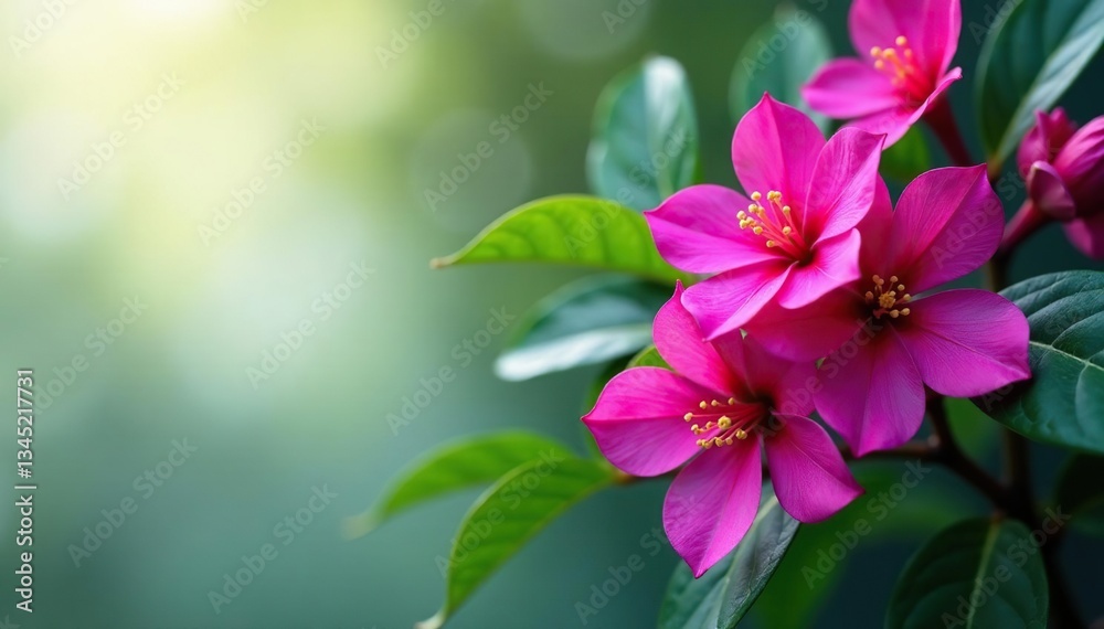 Obraz premium Vibrant fuchsia blossoms, intricate leaf details, bloom, spring