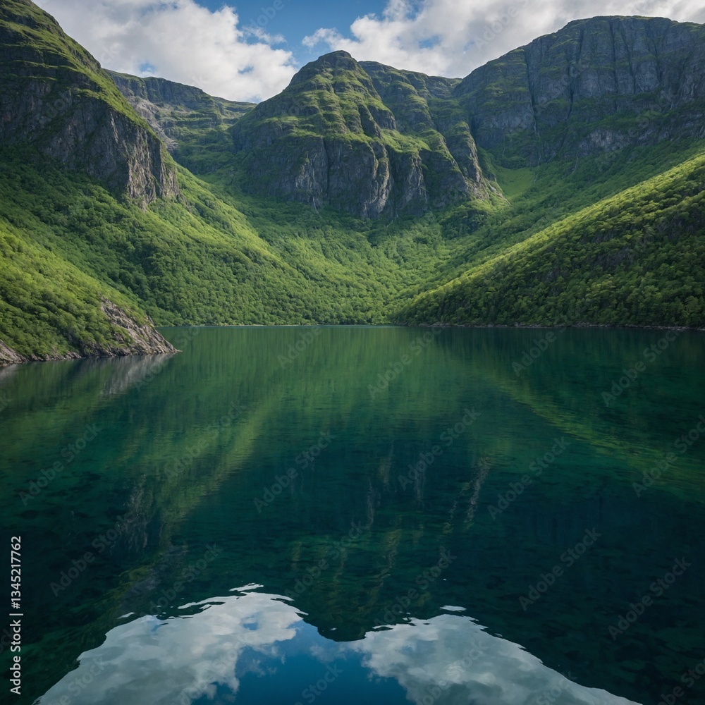 Fototapeta premium A breathtaking fjord where steep cliffs rise dramatically from a still, mirror-like body of water, reflecting the vibrant greens and deep blues of the untouched landscape