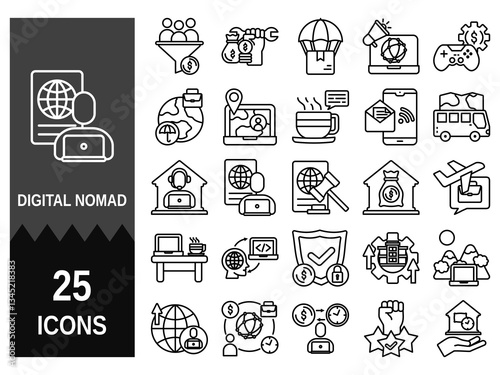 Digital nomad icon set with traveler, remote work, technology, people, internet, temporary housing, hotel, smartphone and public library. 