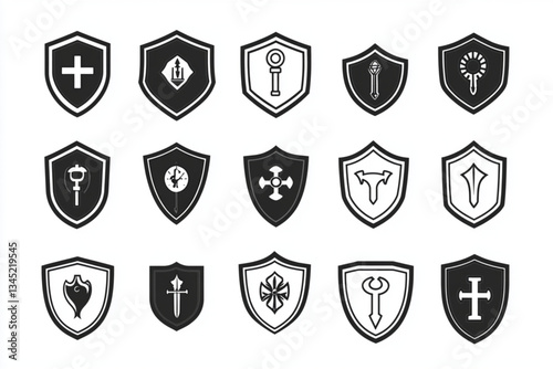 Fifteen shields with various heraldic symbols in black white