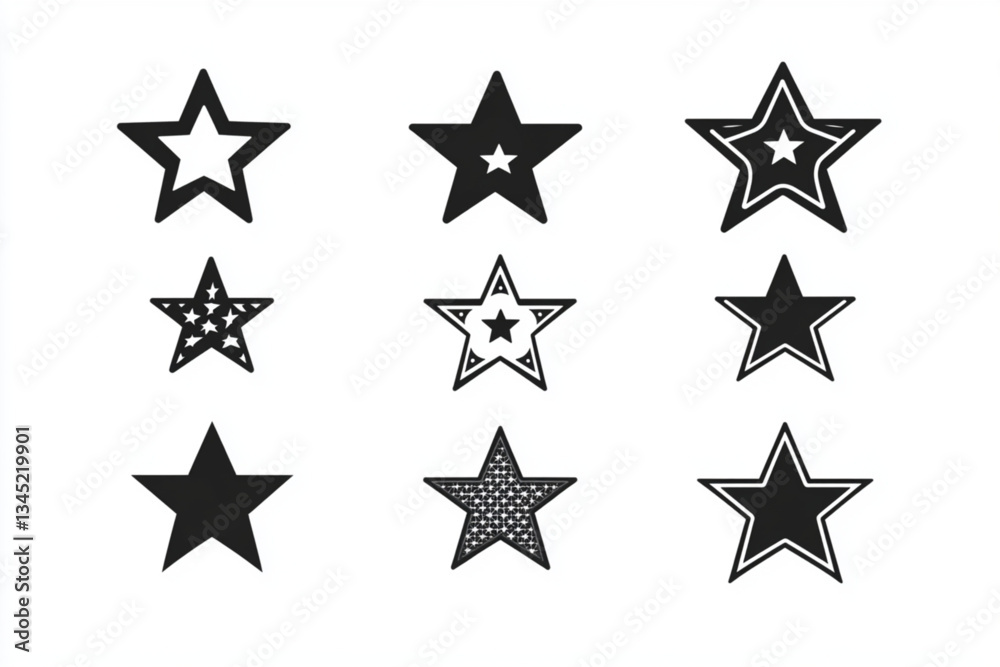 Nine different black star variations on a white background Nine different black star variations on a white background