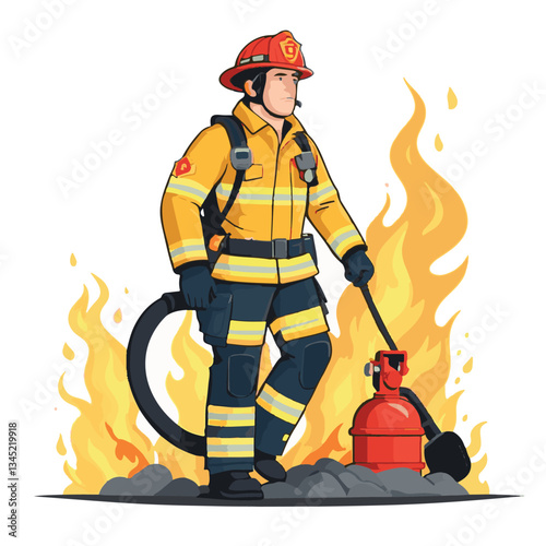 fireman, safety, emergency, firefighter, danger, rescue, fire, man, fighter, uniform, equipment, protection, helmet, service, flame, burn, water, profession, extinguisher, vector, red, hose, backgroun