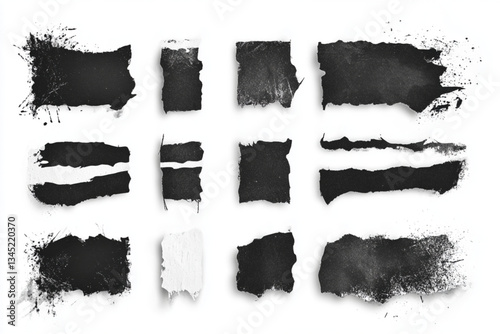 Collection of torn black and white paper sheet pieces
