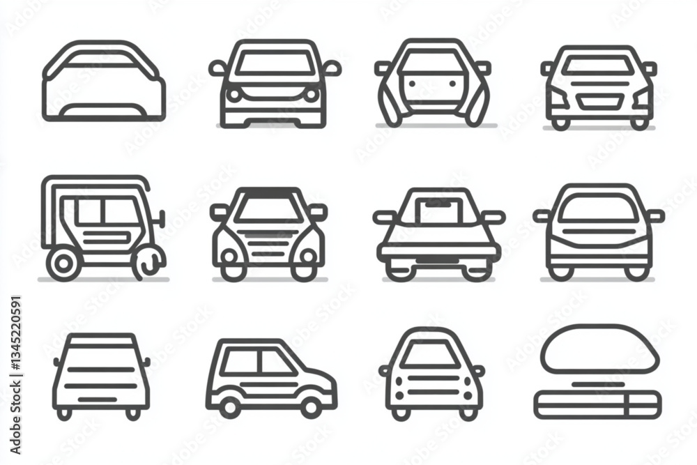 Various car icons displayed in a white background grid Various car icons displayed in a white background grid