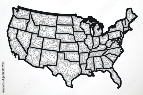 Map of the United States with Black Ink Topographic Lines -