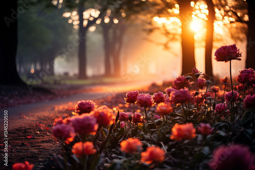A misty forest at sunset, where shifting hues dance in harmony, a tranquil ambiance soothes soul, and ephemeral splendor of a spring morning unfolds