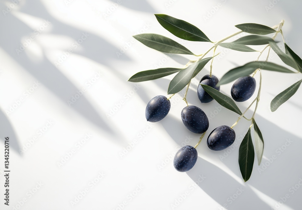 Fresh olives with green leaves on light surface casting soft shadows for culinary and natural lifestyle concepts in a minimalist style