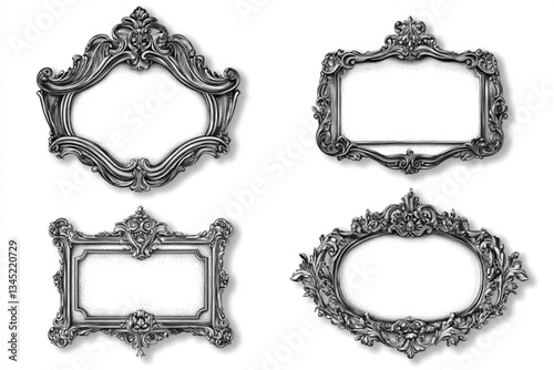 Four ornate picture frames on a white background drawn