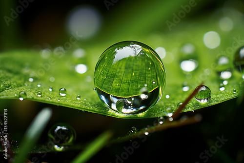 enchanting world of nature as you breathtaking allure of a solitary dewdrop delicately perched on a vibrant blade of grass, its flawless circular form harmoniously juxtaposed against verdant backdrop 