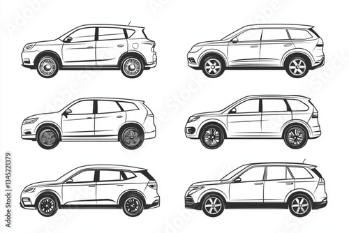 Six Outlined SUV Car Illustrations on White Background -