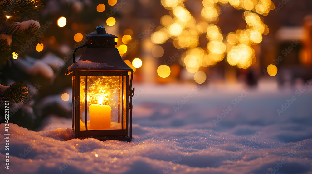 Golden Glow Lantern: A lantern casting a warm, inviting glow sits nestled amidst the snow, with the festive lights of a winter wonderland softly blurred in the background. Golden Glow Lantern: A lantern casting a warm, inviting glow sits nestled amidst the snow, with the festive lights of a winter wonderland softly blurred in the background.