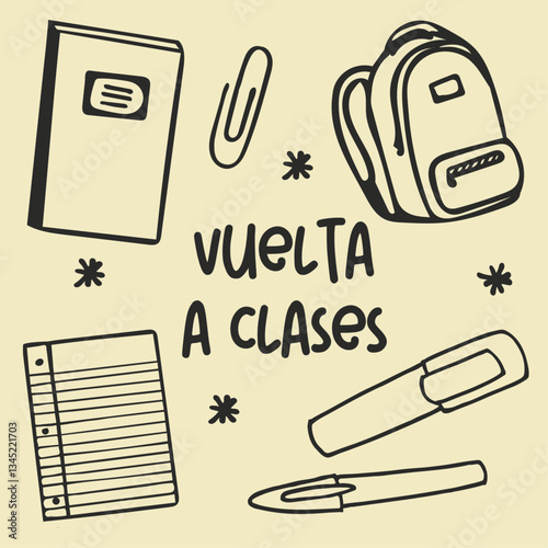 Vuelta a clases editable, doodles, icon, utiles escolares, lapiz, crayones, regla, tijera, goma de borrar