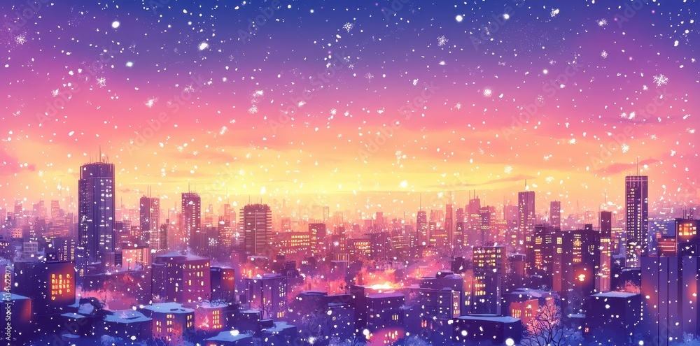 Obraz premium The city skyline covered in falling snowflakes under colorful skies