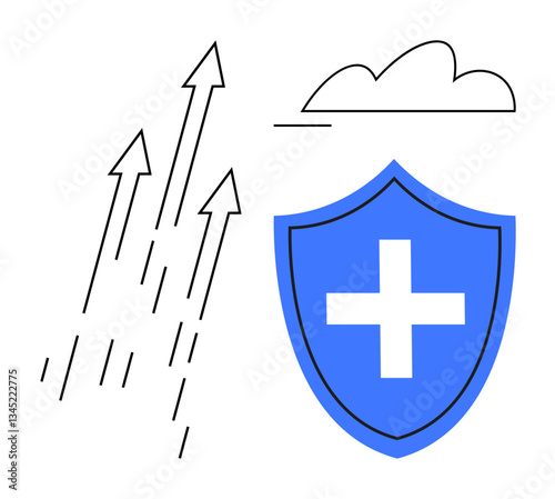 Blue shield with a cross symbol, upward arrows, and a simple cloud graphic. Ideal for health, security, growth, progress, positive change resilience and defense themes. Flat simple metaphor