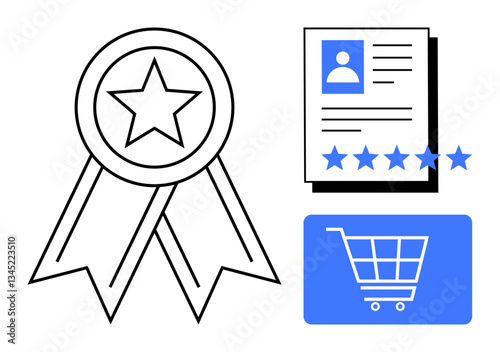 Star ribbon badge, user profile with five-star ratings, and a shopping cart icon. Ideal for e-commerce, quality, trust, customer reviews, online shopping user experience modern design. Flat simple