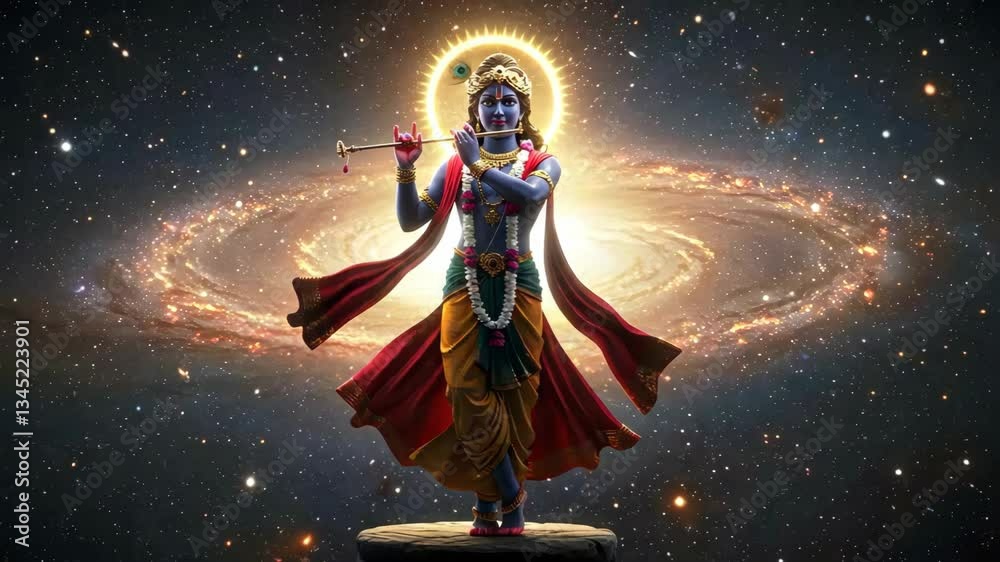 Lord Krishna in a cosmic setting with a glowing flute and aura.