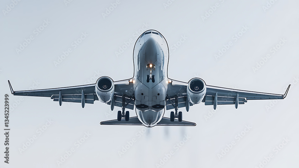 Fototapeta premium Airplane landing low angle modern jetliner clear sky commercial aviation