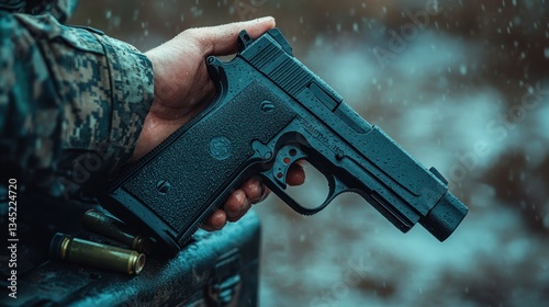 Hand holding a black handgun in the outdoors