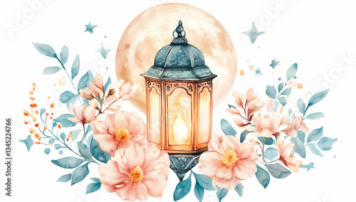 Fototapeta Naklejka Na Ścianę i Meble -  Enchanting Lantern in Moonlit Garden: An artistic watercolor illustration of a vintage lantern, glowing softly against a backdrop of a full moon, surrounded by delicate flowers and foliage.