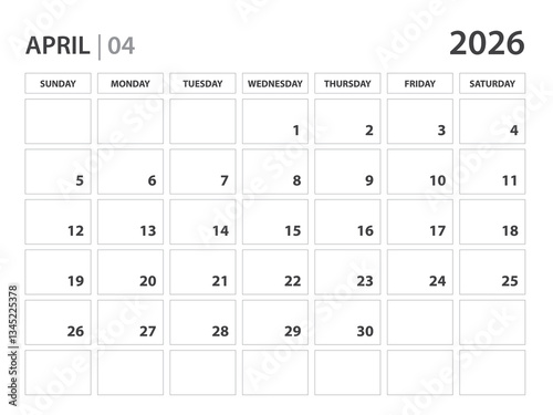 April 2026 year planner template. calendar 2026 year. corporate planner. Desk calendar 2026 year. Week Starts on Sunday, monthly and yearly planners. organizer diary. wall calendar. office supply