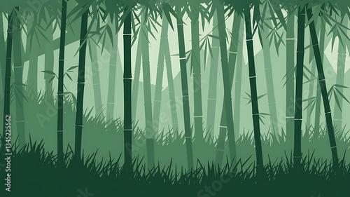 Misty bamboo forest stylized graphic nature scene vector illustration