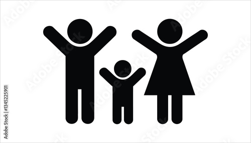 Family Icon with Parents and Child Raising Hands Vector.