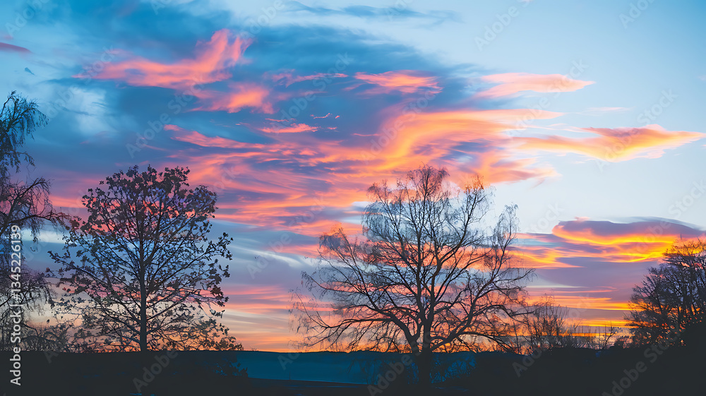Naklejka premium Silhouette trees against a vibrant sunset sky