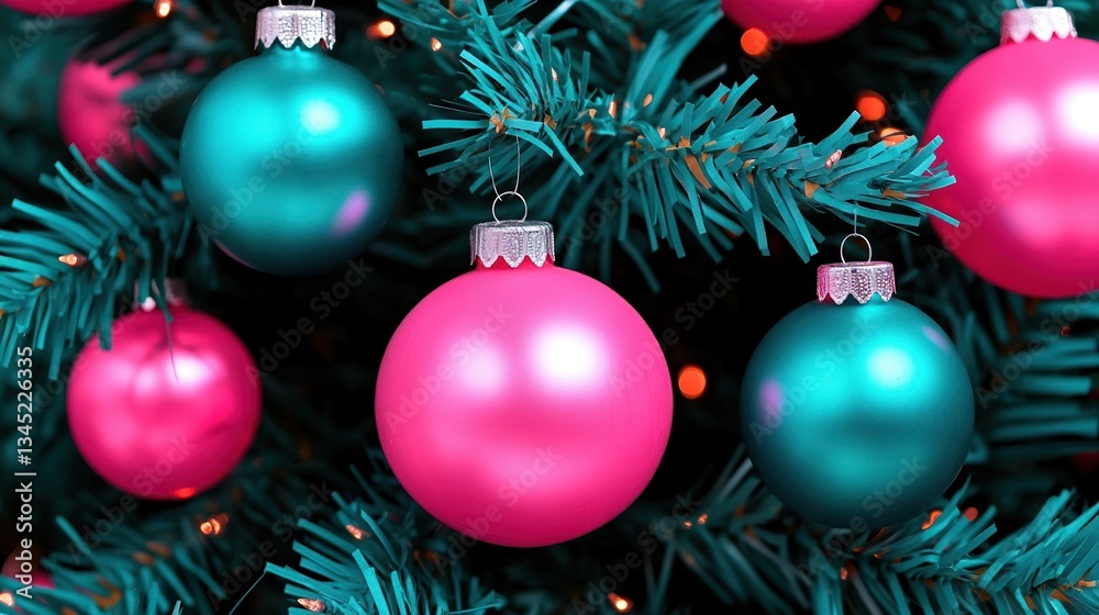 Fototapeta premium Vibrant pink and green christmas ornaments on tree branches for festive holiday decor