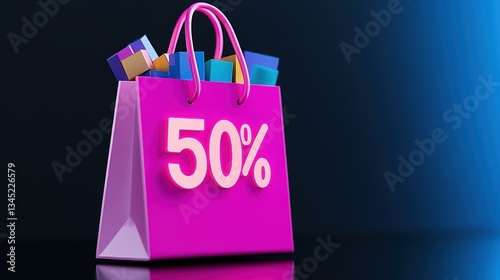 Colorful shopping bag with 50% discount sign against dark background photo