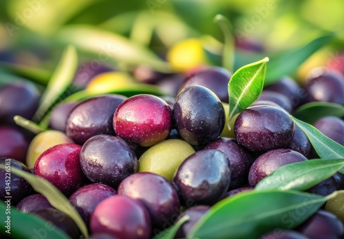 Freshly harvested olives with green leaves showcasing vibrant colors and textures of nature's bounty in a rustic setting capturing Mediterranean essence