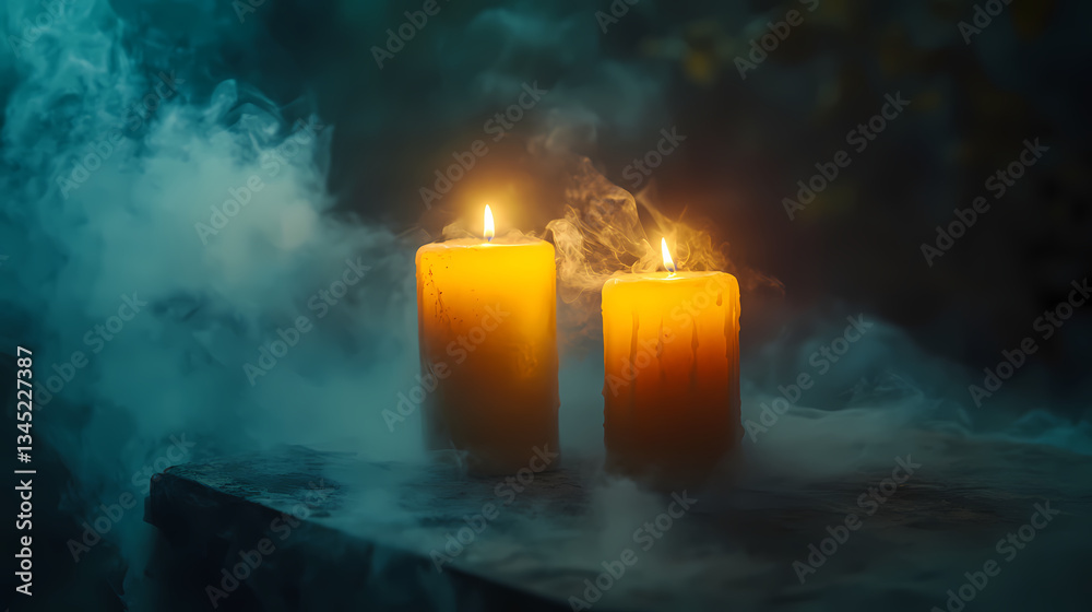 Fototapeta premium Candlelit Mystery: Two glowing candles illuminate the scene, casting an intimate atmosphere amidst the enveloping ethereal fog and evoking feelings of peacefulness and mystery.