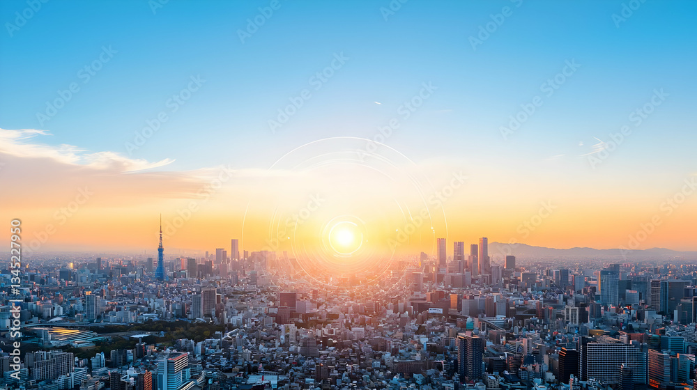 Fototapeta premium Aerial View Of City Skyline At Sunset With Golden Sunlight And Blue Sky Showing Modern Architecture