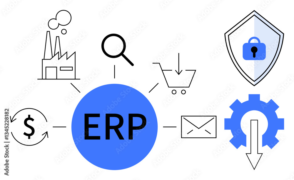 Fototapeta premium ERP in central blue circle connected to icons factory, magnifying glass, shopping cart, shield lock, cog arrow, letter, dollar cycle. Ideal for business solutions, integration security finance