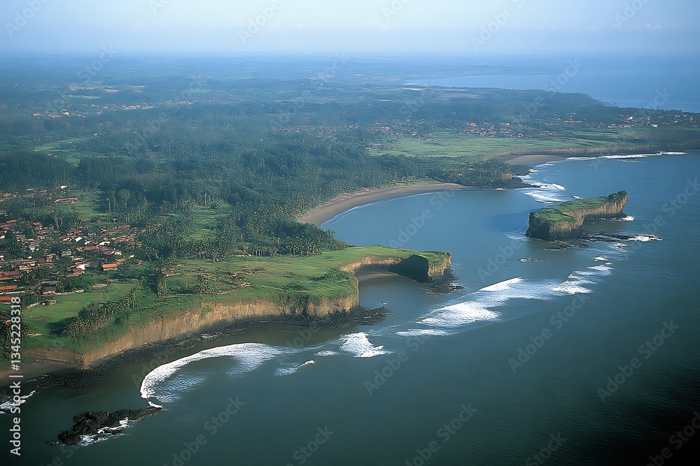 Fototapeta premium Aerial Coastal View: Volcanic Cliffs for Ocean Waves.