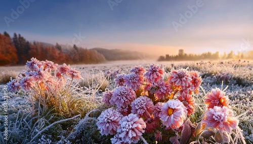 delicate harmony of blossoming flowers and early morning frosts captures essence of a diverse floral landscape enchanting coldness and simultaneous transition between seasons