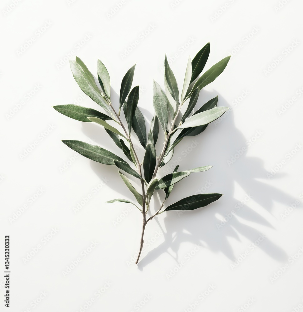 Obraz premium Green Olive Leaf Isolated on White Background with Subtle Shadow Creating a Minimalistic and Elegant Botanical Arrangement for Design Projects