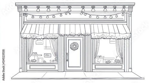 Vintage Christmas Shopfront Illustration; Black and White Line Art; Festive Decor; Ideal for Holiday Cards, Prints, or Posters